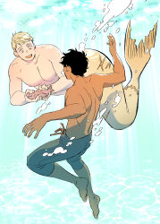 Rule 34 | 2boys, air bubble, animal, barefoot, black hair, blonde hair, blue background, bubble, commentary, daki info, dark-skinned male, dark skin, dungeon meshi, facing another, fins, fish, full body, hands up, highres, holding, holding animal, holding fish, kabru, laios touden, looking at another, male focus, merman, monster boy, monsterification, multiple boys, nipples, open mouth, pants, refraction, short hair, swimming, symbol-only commentary, topless male, underwater, very short hair, yellow eyes