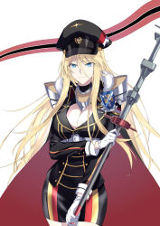 Rule 34 | 1girl, absurdres, azur lane, bismarck (azur lane), bismarck (coat of arms), blonde hair, blue eyes, breasts, cape, cleavage, closed mouth, coat of arms, cowboy shot, cross, flag, fur-trimmed cape, fur trim, hat, highres, holding, holding flag, large breasts, long hair, looking at viewer, medal, military, military hat, military uniform, orange sky, peaked cap, simple background, sky, smile, solo, suprii, uniform, white background