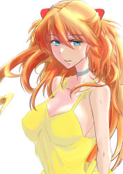 Rule 34 | 1girl, alternate breast size, breasts, brown hair, choker, cleavage, dress, female focus, floating hair, glowing, highres, interface headset, lips, long hair, neon genesis evangelion, smile, solo, souryuu asuka langley, standing, sundress, thighs, wakusan, white background, yellow dress