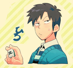 Rule 34 | 1boy, bad id, bad pixiv id, brown hair, collared shirt, cube, fukumoto mahjong, holding, igawa hiroyuki, jacket, lowres, male focus, open clothes, open jacket, shirt, simple background, solo, striped clothes, striped shirt, sweatdrop, t k g, ten (manga), translation request, upper body, yellow background