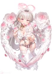 Rule 34 | 1girl, angel, basket, bird, blush, breasts, bridal veil, chastity belt, cleavage, closed mouth, collarbone, commentary, earrings, feathered wings, fingernails, flower, grey hair, halo, heart, heart-shaped pupils, heart halo, highres, jewelry, key, large breasts, long hair, navel, original, petals, pink eyes, pink flower, pink rose, ring, rose, ryota (ry o ta), simple background, smile, solo, symbol-only commentary, symbol-shaped pupils, thighhighs, veil, very long hair, wedding ring, white background, white thighhighs, white wings, wings