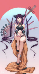 Rule 34 | 1girl, :o, arm warmers, bare legs, bare shoulders, black dress, black footwear, blue background, blue eyes, blunt bangs, blush, breasts, cleavage, cleavage cutout, clothing cutout, collarbone, dress, fate/grand order, fate (series), floral print, full body, gradient background, hair rings, highres, hiiragi (karashriker), instrument, knee up, long hair, looking at viewer, medium breasts, open mouth, own hands together, purple hair, sitting, sleeveless, sleeveless dress, solo, twintails, very long hair, yang guifei (fate), yang guifei (second ascension) (fate)