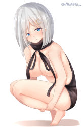 Rule 34 | 10s, 1girl, alternate costume, ankle grab, backless dress, backless outfit, bare shoulders, black dress, black sweater, blue eyes, breasts, cleavage, closed mouth, dress, eyes visible through hair, full body, hair between eyes, hair ornament, hairclip, halterneck, hamakaze (kancolle), highres, kantai collection, kneeling, large breasts, md5 mismatch, medium hair, meme attire, naigou, naked sweater, navel, neneru, no bra, ribbed sweater, silver hair, simple background, solo, squatting, sweater, sweater dress, toenails, toes, turtleneck, turtleneck sweater, twitter username, virgin killer sweater, wardrobe error, wardrobe malfunction, white background