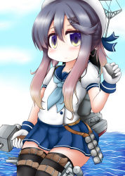 Rule 34 | 1girl, black thighhighs, blue sky, commentary request, day, gloves, gradient eyes, gradient hair, grey hair, hair ornament, hairpin, hat, horizon, kantai collection, long hair, looking at viewer, machinery, mole, mole under eye, multicolored eyes, multicolored hair, ocean, ouno (nounai disintegration), pleated skirt, sailor hat, school uniform, serafuku, skirt, sky, smile, solo, thighhighs, tsushima (kancolle), turret, white gloves, zettai ryouiki