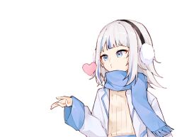 Rule 34 | 1girl, blowing kiss, blue eyes, blue hair, blue scarf, blunt bangs, blush, closed mouth, commentary, earmuffs, frieren blowing a kiss, gawr gura, hand up, heart, highres, hololive, hololive english, jacket, lapels, long sleeves, looking to the side, ma draws, medium hair, multicolored hair, o3o, open clothes, open jacket, ribbed sweater, scarf, sidelocks, simple background, sleeves past wrists, solo, sousou no frieren, streaked hair, sweater, symbol-only commentary, upper body, virtual youtuber, white background, white hair, white jacket, yellow sweater