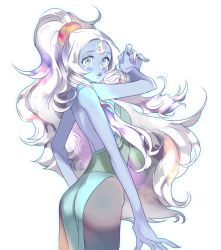 Rule 34 | 1girl, ass, bad id, bad twitter id, chuong, extra arms, forehead jewel, highres, long hair, looking at viewer, opal (steven universe), outline, own hands together, pantyhose, ponytail, silver hair, solo, steven universe, transparent background, very long hair