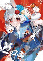 Rule 34 | . ., 1girl, 2023, :3, :p, animal ears, blue flower, blue kimono, blue nails, blunt bangs, carrot, commentary, cropped legs, floral print, flower, food, fruit, geta, hair flower, hair ornament, happy new year, highres, japanese clothes, kimono, leg up, looking at viewer, mandarin orange, mizumi zumi, new year, obi, obijime, orange nails, original, rabbit, rabbit ears, rabbit girl, red background, red eyes, red sash, sash, short hair, sidelocks, socks, symbol-only commentary, tongue, tongue out, white hair, white nails, white socks