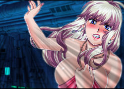 Rule 34 | angry, blush, breasts, earrings, gaden, jewelry, large breasts, long hair, looking at viewer, macross, macross frontier, nail polish, pink hair, pov, sheryl nome, slapping