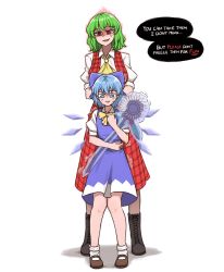 Rule 34 | 2girls, anger vein, angry, aura, behind another, blue bow, blue eyes, blue hair, boots, bow, breasts, brown footwear, cirno, collared shirt, commentary, commission, crossed arms, flat chest, flower, frozen flower, full body, green hair, hair between eyes, hair bow, height difference, highres, holding, holding flower, kazami yuuka, knee boots, long skirt, long sleeves, looking at another, looking down, mata (matasoup), medium breasts, mixed-language commentary, multiple girls, nervous smile, no pupils, open clothes, open mouth, open vest, pixiv commission, plaid, plaid skirt, plaid vest, red eyes, red skirt, red vest, ribbon, scared, shirt, shoes, short hair, simple background, skirt, sleeves rolled up, slit pupils, smile, standing, sunflower, sweatdrop, touhou, vest, wavy hair, white background, white legwear, white shirt, yellow neckwear, yellow ribbon