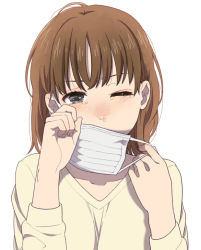 Rule 34 | 1girl, allergy, blush, brown hair, long hair, mask, mattaku mousuke, mouth mask, one eye closed, original, runny nose, simple background, snot, solo, surgical mask, tears, upper body, white background
