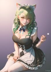 Rule 34 | 1girl, absurdres, animal ears, apron, artist request, bare shoulders, braid, breasts, cat ears, ceres fauna, cleavage, collar, curly hair, flower, frilled skirt, frills, green hair, hair between eyes, hair flower, hair ornament, hand on own leg, highres, hololive, hololive english, large breasts, looking at viewer, maid, maid apron, maid headdress, mole, mole under eye, nail polish, sitting, skirt, solo, thighhighs, virtual youtuber, wavy hair, white thighhighs, yellow eyes, yellow nails, zettai ryouiki