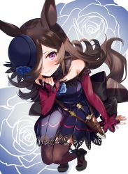 Rule 34 | 1girl, animal ears, arm support, bare shoulders, black footwear, blue flower, blue rose, blush, breasts, brown hair, brown thighhighs, clenched hand, commentary, dagger, dress, fingernails, flower, from above, full body, fur collar, hair over one eye, hand up, hat, high heels, highres, horse ears, horse girl, horse tail, invisible chair, knife, long hair, long sleeves, looking at viewer, medium breasts, off-shoulder dress, off shoulder, pink eyes, purple dress, purple hat, red sleeves, rice shower (umamusume), rose, sheath, sheathed, sitting, smile, solo, tail, thighhighs, umamusume, weapon, yomosaka