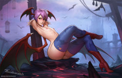 Rule 34 | 1girl, animal print, armpits, arms behind head, arms up, ass, bat print, batblue legwear, boots, cage, capcom, castle, cleft of venus, cloud, cloudy sky, commentary, crossed legs, demon girl, demon wings, english commentary, flat chest, flying, full body, head wings, high heel boots, high heels, highres, huge ass, leg up, light smile, lilith aensland, looking at viewer, low wings, nipples, parted lips, print thighhighs, purple hair, pussy, red eyes, red footwear, revision, short hair, signature, sitting, sky, small areolae, smile, solo, tarakanovich, thick thighs, thighhighs, thighs, topless, torn clothes, torn thighhighs, uncensored, vampire (game), watermark, web address, wings