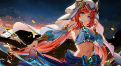 Rule 34 | 1girl, absurdres, aqua eyes, blue gemstone, bracer, breasts, chen ying (alan-yut), crop top, dancer, fake horns, gem, genshin impact, gold trim, harem outfit, highres, horns, jewelry, long hair, long sleeves, looking at viewer, medium breasts, navel, neck ring, nilou (genshin impact), parted bangs, puffy long sleeves, puffy sleeves, red hair, sidelocks, solo, stomach, upper body, water, white headdress, white veil
