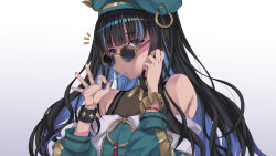 Rule 34 | 1girl, black hair, blue-tinted eyewear, candy, colored inner hair, commentary request, commission, enno rei (masochist high), eyeliner, fate/grand order, fate (series), food, green hat, green jacket, hat, highres, jacket, lollipop, looking at viewer, looking over eyewear, makeup, multicolored hair, round eyewear, skeb commission, solo, sunglasses, tenochtitlan (fate), tenochtitlan (second ascension) (fate), tinted eyewear, white background