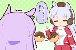 Rule 34 | 2girls, :o, afterimage, animal ears, blush stickers, bow, brown hat, chibi, doughnut, ear bow, ear covers, food, gold ship (umamusume), gomashio (goma feet), gradient background, green background, grey hair, hat, holding, horse ears, horse girl, horse tail, jacket, long hair, mejiro mcqueen (umamusume), mini hat, motion lines, multiple girls, pants, parted lips, polka dot, polka dot background, purple bow, purple hair, red jacket, red pants, tail, track jacket, track pants, track suit, translation request, trembling, umamusume, very long hair, white background