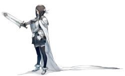 Rule 34 | armor, blue legwear, brown hair, cape, commentary request, full body, gloves, grey cape, hair ornament, holding, holding weapon, km yama, knight, long hair, multicolored clothes, original, pauldrons, pointed boots, shield, shoulder armor, solo, sword, weapon, white background