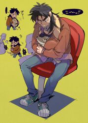 Rule 34 | 1boy, absurdres, black eyes, black hair, black shirt, blue footwear, blue pants, bomber jacket, brown jacket, chair, clenched teeth, commentary request, dog, full body, hiding, highres, inudori, itou kaiji, jacket, kaiji, looking at animal, male focus, medium bangs, pants, shirt, shoes, sitting, sneakers, teeth, v-shaped eyebrows, yellow background