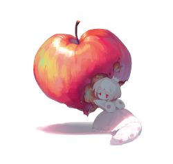 Rule 34 | 1other, androgynous, apple, arthropod boy, arthropod girl, bug, caterpillar girl, chibi, crown, dress, floating, floating object, food, fruit, harrymiao, heart, highres, long sleeves, looking at viewer, looking back, original, outstretched arm, red eyes, shade, shadow, short hair, simple background, solo, white background, white dress, wings
