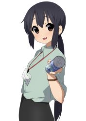Rule 34 | 1girl, aged up, alternate costume, alternate hairstyle, beer can, black hair, black skirt, brown eyes, can, collared shirt, drink can, green shirt, high-waist skirt, highres, holding, holding can, k-on!, kicchi (tmgk), lanyard, long hair, looking at viewer, low ponytail, nakano azusa, office lady, open mouth, pencil skirt, shirt, sidelocks, simple background, skirt, smile, solo, upper body, watch, white background, wristwatch