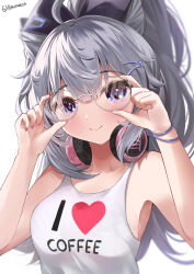 Rule 34 | 1girl, absurdres, bare shoulders, breasts, commentary, cone hair bun, english commentary, grey hair, hair bun, hair ornament, hairclip, headphones, headphones around neck, highres, hololive, hololive indonesia, i heart..., long hair, looking at viewer, medium breasts, purple eyes, rokusketch, round eyewear, simple background, smile, solo, tank top, twitter username, upper body, vestia zeta, virtual youtuber, white background, white tank top