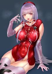 Rule 34 | 1girl, arm support, black choker, blunt bangs, blush, breasts, choker, covered erect nipples, covered navel, cum, cum in mouth, cum on clothes, cum on gloves, cum on hair, cum on tongue, cum string, dokiyuri, dress, elbow gloves, facial, garter straps, gloves, hat, hell&#039;s channel, highres, large breasts, long hair, looking at viewer, microdress, no bra, no panties, nurse cap, open mouth, pink eyes, plus sign, red dress, red hat, rokudou mei, side slit, silver hair, sitting, solo, thighhighs, tongue, tongue out, very long hair, virtual youtuber, white gloves