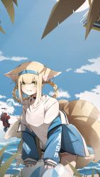 Rule 34 | 2girls, :d, absurdres, alternate costume, animal ears, arknights, ball, beachball, black choker, blonde hair, blue hairband, blue jacket, blue sky, braid, braided hair rings, chibi, chibi inset, choker, clothes writing, cowboy shot, dagger, day, fox ears, fox girl, fox tail, green eyes, hair rings, hairband, highres, if f, jacket, knife, leaning forward, long sleeves, looking at viewer, multiple girls, multiple tails, off shoulder, official alternate costume, open clothes, open jacket, open mouth, outdoors, parted lips, projekt red (arknights), projekt red (light breeze) (arknights), shirt, sidelocks, sky, sleeves past wrists, smile, solo focus, suzuran (arknights), tail, unzipped, water, weapon, white shirt