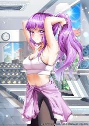 Rule 34 | 1girl, absurdres, armpits, arms behind head, arms up, black leggings, blush, breasts, cleavage, clock, closed mouth, clothes around waist, commentary request, day, dumbbell, highres, indoors, korean commentary, korean text, leggings, lens flare, long hair, looking at viewer, medium breasts, menna (0012), midriff, navel, original, ponytail, purple eyes, purple hair, smile, solo, sweat, translation request, very long hair, wall clock