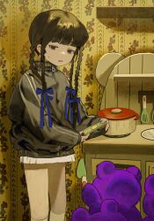Rule 34 | 1girl, banknote, bear, black eyes, black hair, black jacket, bow, commentary request, cooking pot, feet out of frame, hair bow, high collar, highres, holding, holding money, indoors, jacket, kitchen, kneehighs, kurehalxxx, long hair, long sleeves, looking at viewer, miniskirt, money, mugging, multiple hair bows, open mouth, original, quad braids, skirt, socks, solo, spatula, sweatdrop, track jacket, wallpaper (object), white skirt