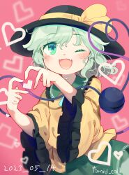 Rule 34 | 1girl, :d, absurdres, black hat, blouse, blush, bow, buttons, diamond button, eyeball, finger heart, frilled shirt collar, frilled sleeves, frills, green eyes, green skirt, hat, hat bow, hat ribbon, heart, heart of string, highres, koishi day, komeiji koishi, light green hair, long sleeves, looking at viewer, medium hair, open mouth, pink background, ribbon, shirt, skirt, smile, solo, third eye, toroid (621997), touhou, upper body, wide sleeves, yellow bow, yellow ribbon, yellow shirt