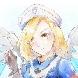 Rule 34 | 1girl, alternate hairstyle, armband, blonde hair, blush, combat medic ziegler, gloves, hat, long sleeves, mechanical wings, mercy (overwatch), mild derp face, overwatch, overwatch 1, parted lips, portrait, solo, upper body, wings, yellow eyes, zrae