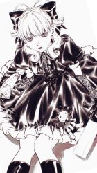 Rule 34 | 1girl, ace attorney, alternate costume, blunt bangs, bow, closed mouth, collared dress, commentary request, doll, dress, expressionless, frilled dress, frills, from above, gloves, hair bow, highres, knife, long hair, looking at viewer, machihazure, maria gorey, monochrome, puffy short sleeves, puffy sleeves, short sleeves, simple background, sitting, socks, solo, the great ace attorney, the great ace attorney 2: resolve, umbrella