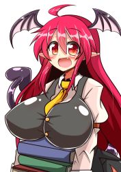 Rule 34 | 1girl, :d, ahoge, between breasts, book, book stack, breast rest, breasts, commentary request, demon girl, demon tail, demon wings, fang, head wings, heart, highres, holding, holding book, koa (phrase), koakuma, large breasts, long hair, looking at viewer, necktie, necktie between breasts, open mouth, pointy ears, red eyes, red hair, rindou (p41neko), smile, solo, symbol-shaped pupils, tail, textless version, touhou, very long hair, white background, wings