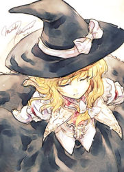Rule 34 | 1girl, blonde hair, character name, closed eyes, female focus, hat, kirisame marisa, long hair, lowres, solo, tokiame, touhou, white background, witch hat