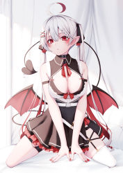 Rule 34 | absurdres, ahoge, arm strap, bare shoulders, belt, black choker, black ribbon, black skirt, blush, braid, breasts, choker, cleavage, demon tail, demon wings, frilled skirt, frills, full body, hair between eyes, hair ornament, hair ribbon, hairclip, highres, long hair, looking at viewer, medium breasts, nail polish, nyan (reinyan 007), on bed, original, parted lips, piercing, pointy ears, red eyes, red nails, ribbon, single thighhigh, skirt, tail, tail ornament, tail piercing, tail raised, thighhighs, twintails, very long hair, white belt, white hair, white thighhighs, wings, x hair ornament