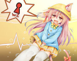 Rule 34 | 1girl, animal ears, azur lane, bell, between legs, blue shirt, blush, bow, bowtie, bubble, cat ears, cat tail, dutch angle, embarrassed, female focus, flat chest, gradient background, hair between eyes, hair ribbon, hand between legs, hat, have to pee, highres, jingle bell, kindergarten uniform, kisaragi (azur lane), long hair, long sleeves, miniskirt, open mouth, own hands together, pink eyes, pink hair, pleated skirt, red bow, red ribbon, ribbon, shirt, skirt, solo, speech bubble, standing, tail, tail bell, tail bow, tail ornament, tears, thighhighs, trembling, v arms, watakarashi, yellow background, yellow bow, yellow bowtie, yellow hat, yellow skirt, zettai ryouiki