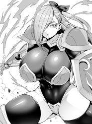 Rule 34 | 1girl, armor, breastplate, breasts, covered navel, garter straps, greyscale, hair over one eye, holding, holding sword, holding weapon, leotard, long hair, mole, mole under eye, monochrome, nishida megane, original, pauldrons, ponytail, shield, shoulder armor, simple background, solo, sword, thighhighs, weapon, white background