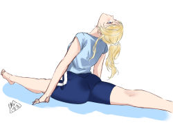 Rule 34 | 1girl, akira miku ver, arm support, ass, ayase eli, blonde hair, blue eyes, blue shirt, blue shorts, blush, from behind, love live!, love live! school idol festival, love live! school idol project, ponytail, shirt, shorts, solo, split, stretching, white background