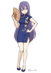 Rule 34 | 1girl, blue dress, blue footwear, blush, breasts, china dress, chinese clothes, dress, eyes visible through hair, finalcake, full body, gj-bu, hair between eyes, hand fan, hand on own hip, holding, holding fan, long hair, looking at viewer, medium breasts, navel, purple eyes, purple hair, sketch, smile, solo, standing, stomach, sumeragi shion, thighs, very long hair