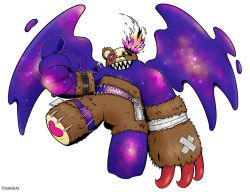 Rule 34 | claws, copyright name, digimon, digimon (creature), expressionless, floating, full body, open mouth, sharp teeth, shinmonzaemon, simple background, stuffed animal, stuffed toy, teeth, wingsbandai