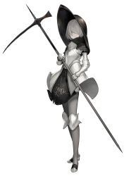 Rule 34 | 1girl, absurdres, armor, armored dress, black dress, black hat, closed mouth, dress, full body, gauntlets, grey hair, grey thighhighs, hat, highres, holding, holding weapon, km yama, knee pads, original, scythe, short hair, simple background, smile, solo, standing, thighhighs, weapon, weapon request, white background