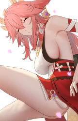 Rule 34 | 1girl, absurdres, animal ears, breasts, clisapex, closed eyes, detached sleeves, earrings, from side, genshin impact, hair between eyes, highres, japanese clothes, jewelry, kimono, large breasts, long hair, pink hair, short kimono, sideboob, sidelocks, simple background, smile, solo, thighs, white background, yae miko