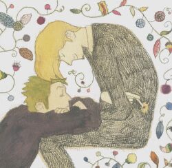 Rule 34 | 2boys, absurdres, blonde hair, collared shirt, colored pencil (medium), crossed arms, curly eyebrows, facial hair, floral background, goatee, green hair, hair over one eye, highres, long sideburns, male focus, multiple boys, no.6 (numberr 6), on lap, one piece, roronoa zoro, sanji (one piece), shirt, short hair, sideburns, sleeping, sleeping on person, traditional media, yaoi