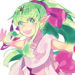 Rule 34 | 1girl, aisutabetao, fire emblem, fire emblem: mystery of the emblem, green eyes, green hair, hair ribbon, long hair, nintendo, open mouth, outstretched arms, pointy ears, ponytail, ribbon, simple background, solo, spread arms, tiara, tiki (fire emblem), tiki (young) (fire emblem), upper body, white background