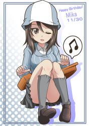 Rule 34 | 1girl, beamed eighth notes, commentary, dated, dress shirt, english text, floating, girls und panzer, hanzou, happy birthday, hat, highres, instrument, kantele, keizoku school uniform, long hair, long sleeves, looking at viewer, mika (girls und panzer), music, musical note, one eye closed, panties, pantyshot, playing instrument, pleated skirt, polka dot, school uniform, shadow, shirt, shoes, skirt, socks, solo, striped clothes, striped shirt, tulip hat, underwear, vertical-striped clothes, vertical-striped shirt, wing collar