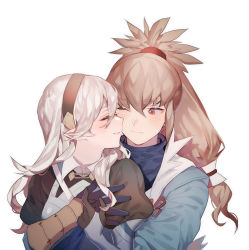 Rule 34 | 1boy, 1girl, black gloves, blue jacket, brown gloves, brown hair, brown hairband, bush, closed eyes, closed mouth, collar, collared shirt, corrin (female) (fire emblem), corrin (fire emblem), fire emblem, fire emblem awakening, fire emblem fates, gloves, hair between eyes, hair ornament, hairband, holding, hug, jacket, long hair, long sleeves, looking at another, nintendo, one eye closed, parted lips, pointy ears, ponytail, puffy long sleeves, puffy sleeves, red eyes, red ribbon, ribbon, shirt, simple background, smile, takumi (fire emblem), upper body, white background, white hair, white shirt, zuizi