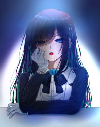Rule 34 | 1girl, ado (utaite), black bow, black bowtie, black hair, black jacket, blue eyes, blue flower, blue rose, blue theme, bow, bowtie, buttons, chando (ado), cloud nine inc, flower, formal, gloves, head rest, highres, jacket, long hair, long sleeves, looking at viewer, narrowed eyes, open mouth, rose, shirt, shoko (gs music11), solo, suit jacket, teeth, upper body, upper teeth only, utaite, white gloves, white shirt