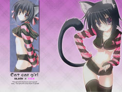 Rule 34 | animal ears, black hair, black x pink, breasts, cat ears, cat tail, multiple views, nanao naru, open fly, red eyes, shorts, striped, tail, thighhighs, underboob, unzipped