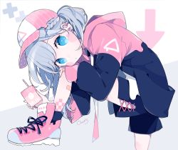 Rule 34 | + +, 1girl, arrow (symbol), bandaid, bandaid on hand, bandaid on leg, baseball cap, black jacket, blue eyes, blue nails, blue shorts, blue socks, blush stickers, braid, chon (chon33v), closed mouth, commentary request, drawstring, drinking straw, ear piercing, earrings, from side, grey background, hair ornament, hairclip, hat, highres, holding, hood, hood down, hooded jacket, jacket, jewelry, leg up, long hair, long sleeves, looking at viewer, looking to the side, milk carton, nail polish, open clothes, open jacket, original, piercing, pink footwear, pink hat, pink jacket, shirt, shoes, short shorts, shorts, signature, sleeves past wrists, sneakers, socks, solo, striped clothes, striped headwear, stud earrings, twintails, two-tone background, vertical-striped clothes, vertical-striped headwear, white background, white shirt, x hair ornament