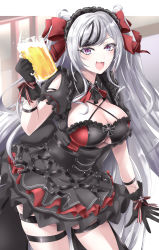Rule 34 | 1girl, absurdres, alcohol, azur lane, beer, beer mug, black gloves, black hair, breasts, cleavage, clothing cutout, cowboy shot, cross, cup, dress, elbe (azur lane), elbe (time to show off?) (azur lane), frilled dress, frilled hairband, frills, gloves, gudon (iukhzl), hair ribbon, hairband, highres, iron cross, large breasts, layered dress, leaning forward, leg strap, looking at viewer, mug, multicolored hair, official alternate costume, open mouth, puffy short sleeves, puffy sleeves, purple eyes, red ribbon, ribbon, short dress, short sleeves, silver hair, solo, standing, streaked hair, thigh strap, two-tone hair, underboob cutout